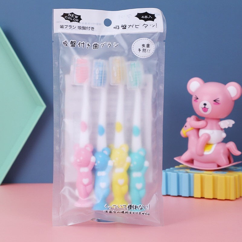 Sikat Gigi Anak Karakter (Isi 4pcs) Standing Kids Toothbrush Colorful Soft Sikat Gigi Travel Bulu Halus dan Lembut Motif Beruang Unik Lucu Baby Tooth Brush Anti Bacterial Anti Jamur Bisa Berdiri Nempel Dinding Meja Kaca Suction