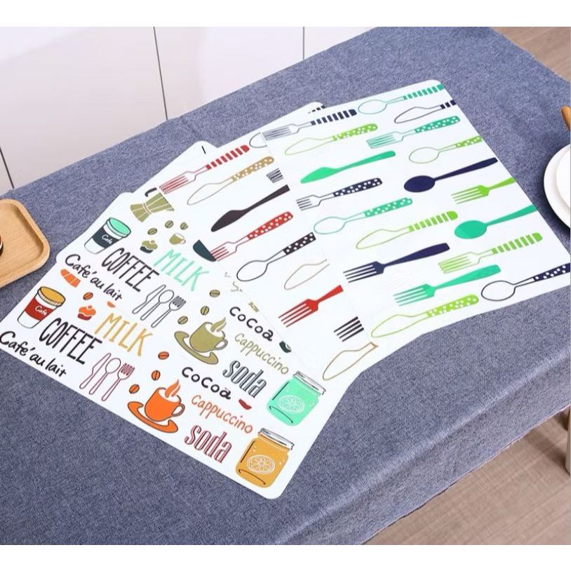 Alas Piring Gelas Meja Makan Pvc Anti Panas Placemats /Tatakan Piring Gelas Anti Air Motif Kopi Sendok Garpu
