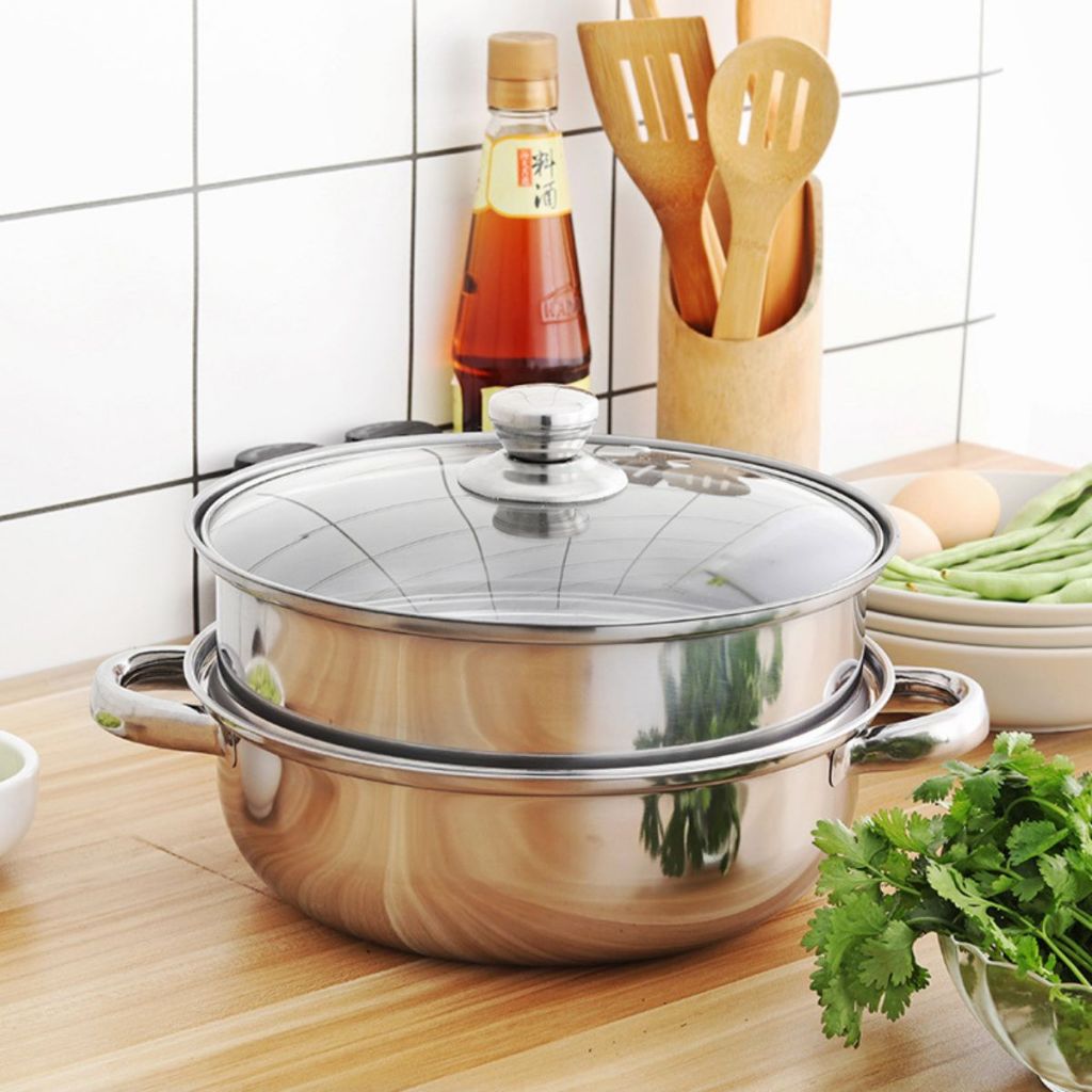 Panci Kukus 2 Susun Tutup Kaca - Double Stainless Steel Steaming Pan 2 Layers / Wajan Dandang Kukus Rebus Merebus Mengukus Ayam Daging Siomay Dimsum Bakpao Bolu / Wadah Kukusan 2 Tingkat Praktis Anti Lengket Tahan Lama Multifungsi