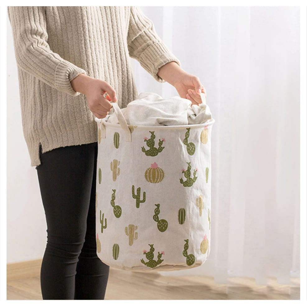 Keranjang Bulat Lipat Cucian Baju Kotor - Laundry Bag Canvas / Wadah Tempat Penyimpanan Pakaian Mainan Anak / Laundry Basket Foldable Storage Linen Box Kantong Serbaguna