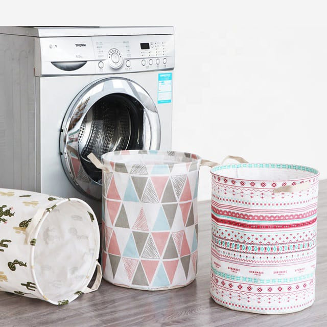 Keranjang Bulat Lipat Cucian Baju Kotor - Laundry Bag Canvas / Wadah Tempat Penyimpanan Pakaian Mainan Anak / Laundry Basket Foldable Storage Linen Box Kantong Serbaguna