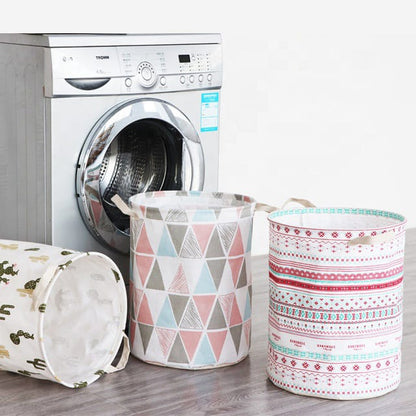 Keranjang Bulat Lipat Cucian Baju Kotor - Laundry Bag Canvas / Wadah Tempat Penyimpanan Pakaian Mainan Anak / Laundry Basket Foldable Storage Linen Box Kantong Serbaguna