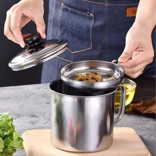 Wadah Saringan Minyak 1 Liter Stainless Steel  / Oil Pot Filter Anti Karat / Gelas Penyaring Ampas Sisa Minyak Jelantah 1000 ML Anti Tumpah