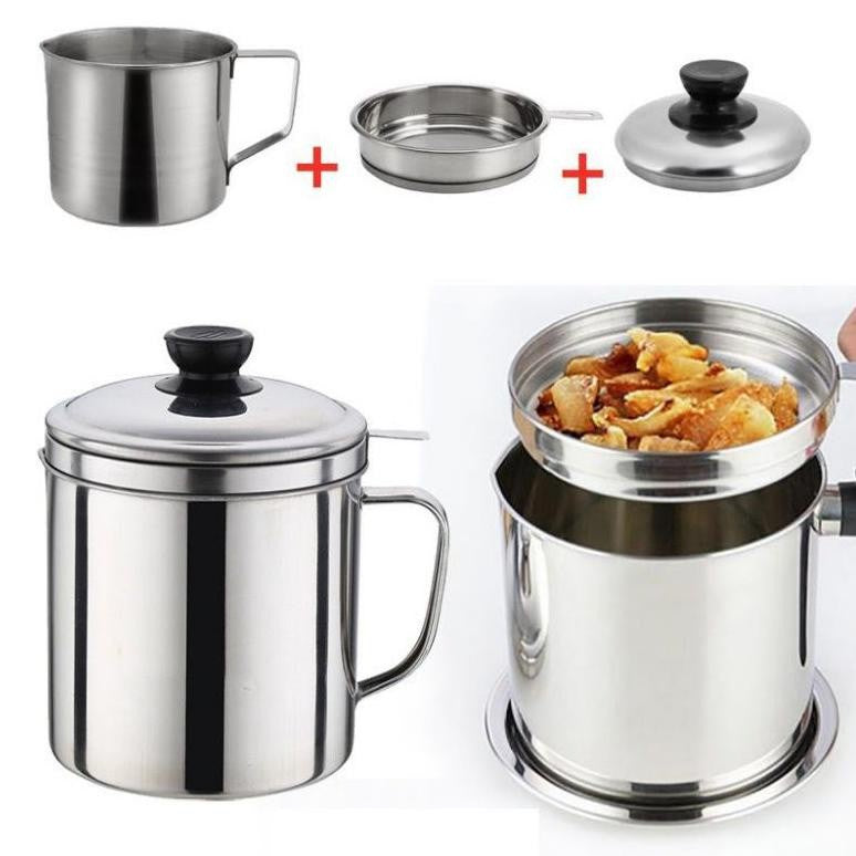 Wadah Saringan Minyak 1 Liter Stainless Steel  / Oil Pot Filter Anti Karat / Gelas Penyaring Ampas Sisa Minyak Jelantah 1000 ML Anti Tumpah