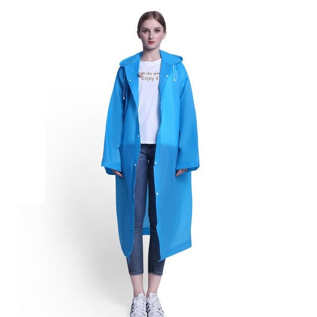 Jas Hujan Dewasa Model Poncho Waterproof Bahan EVA Tebal / Jas Hujan Mantel Korea + Hoodie Semi Transparan Anti Air / Jubah Terusan Musim Ujan Untuk Motor Anti Basah / Raincoat Lightweight Unisex Reusable Pria Wanita