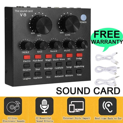 SoundCard V8 Recording dan Broadcasting Sound Effect Singing Streaming Live Karaoke - Alat Sound card Audio Mixer External Microphone Headset Bluetooth Efek Suara Jenis Elektonik Artifisial Wireless