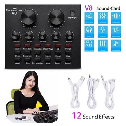 SoundCard V8 Recording dan Broadcasting Sound Effect Singing Streaming Live Karaoke - Alat Sound card Audio Mixer External Microphone Headset Bluetooth Efek Suara Jenis Elektonik Artifisial Wireless