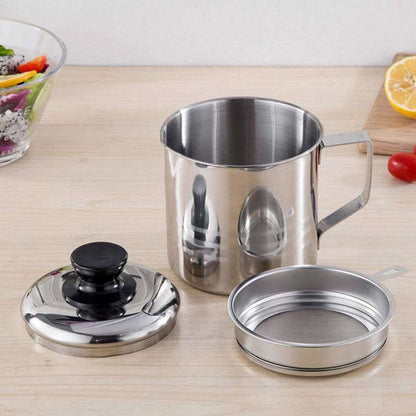 Wadah Saringan Minyak 1 Liter Stainless Steel  / Oil Pot Filter Anti Karat / Gelas Penyaring Ampas Sisa Minyak Jelantah 1000 ML Anti Tumpah