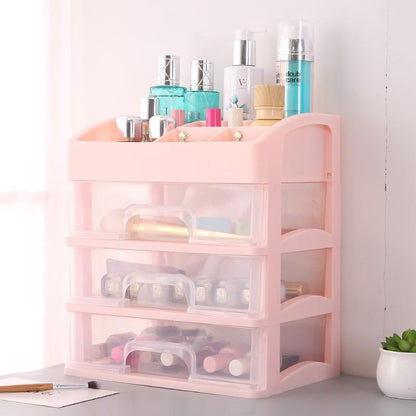 Rak Kosmetik Laci 3 Susun Multifungsi / Kotak Tempat Penyimpanan Peralatan Make Up Aksesoris Perhiasan / Storage Box Drawer Alat Makeup Brush Skincare / Rak Organizer Peralatan Alat Tulis Kantor 3 Layer Transparan Serbaguna Lemari Mini Laci Meja