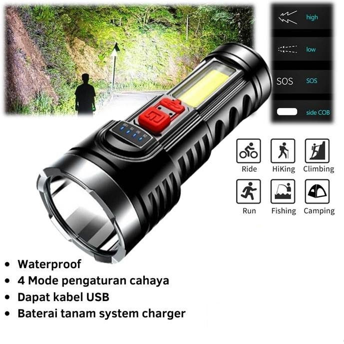 Senter L-822 OSL + COB LED (2in1) / Senter Penerangan Jarak Jauh Rechargeable Flashlight Torch Light Super Terang Lampu Lentera Pencahayaan Darurat Untuk Camping Hiking Piknik Memancing Penerang SOS Nyala Samping Tahan Air