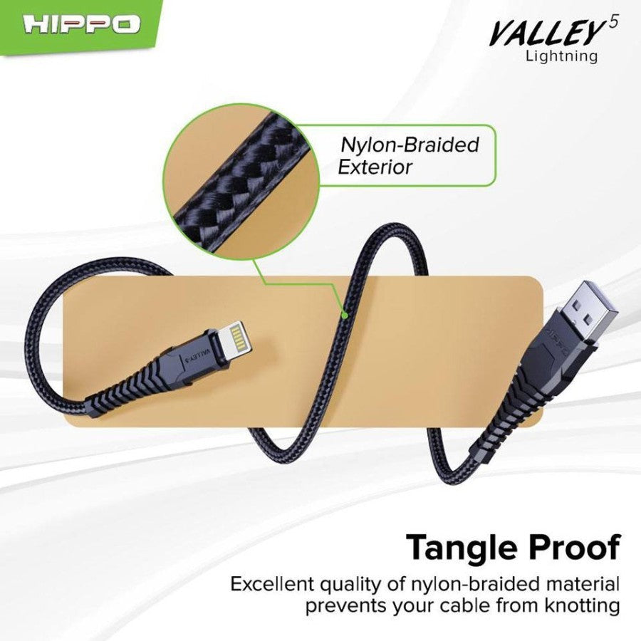 Kabel Data Charger Hippo Valley 5 Lghning ip Nylon 100cm Cable Casan Cas Ip Support Quick Charging 2.4A Competible Ip 6 7 8 9 Fast Charging