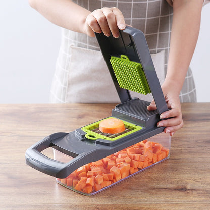 Parutan Serbaguna 14 In 1 / Vegetable Fruit Slicer Alat Pengiris Potong Buah Sayur Garnish Wortel Kentang Timun Bawang Bumbu Rempah / Pisau Parut Iris Bentuk Persegi Panjang Dadu Bunga Gelombang Wadah Keranjang + Saringan Telur Praktis Multifungsi all in