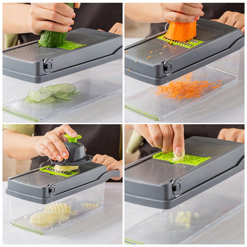 Parutan Serbaguna 14 In 1 / Vegetable Fruit Slicer Alat Pengiris Potong Buah Sayur Garnish Wortel Kentang Timun Bawang Bumbu Rempah / Pisau Parut Iris Bentuk Persegi Panjang Dadu Bunga Gelombang Wadah Keranjang + Saringan Telur Praktis Multifungsi all in