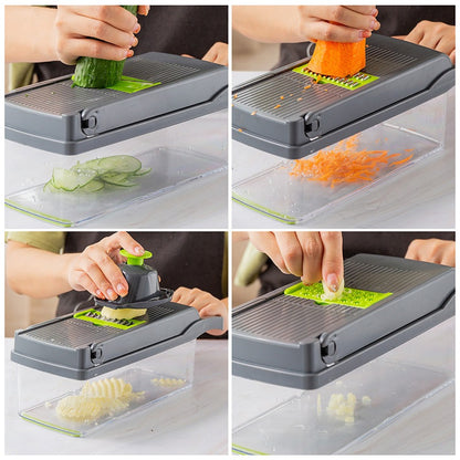 Parutan Serbaguna 14 In 1 / Vegetable Fruit Slicer Alat Pengiris Potong Buah Sayur Garnish Wortel Kentang Timun Bawang Bumbu Rempah / Pisau Parut Iris Bentuk Persegi Panjang Dadu Bunga Gelombang Wadah Keranjang + Saringan Telur Praktis Multifungsi all in