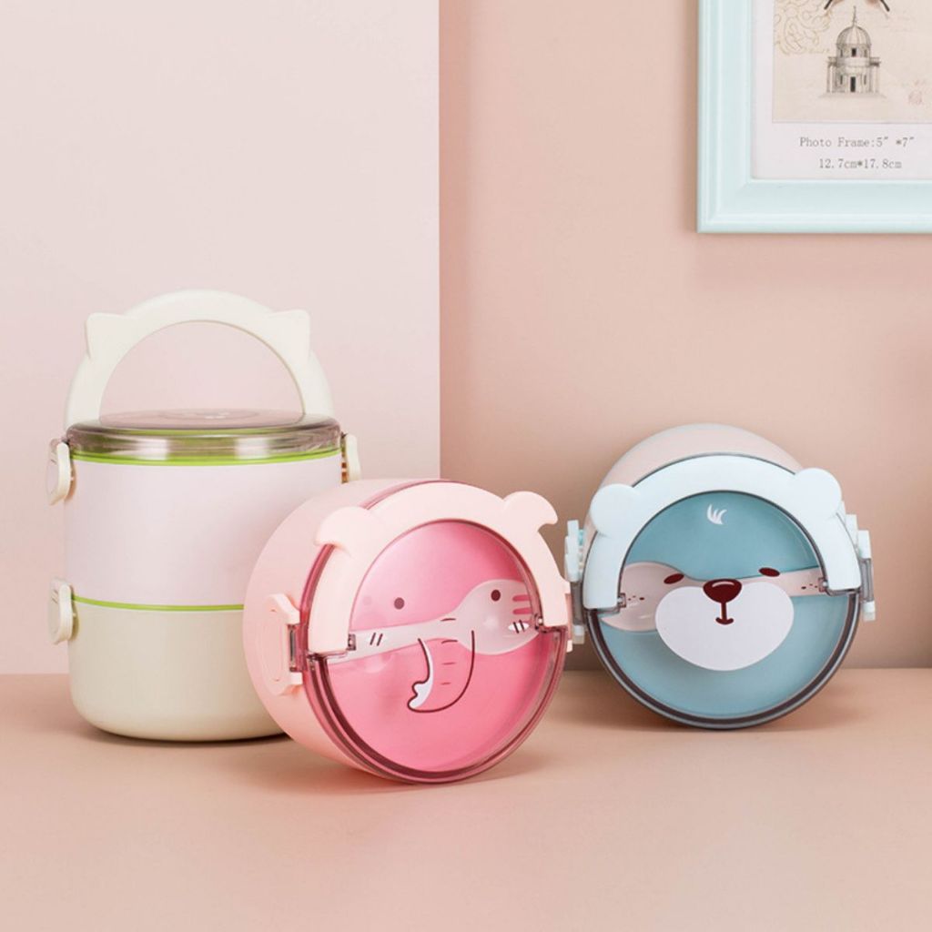 Tempat Makan Anak 2 Tingkat Rantang Susun Karakter Anak Motif Lucu Lunch Box Set BPA FREE