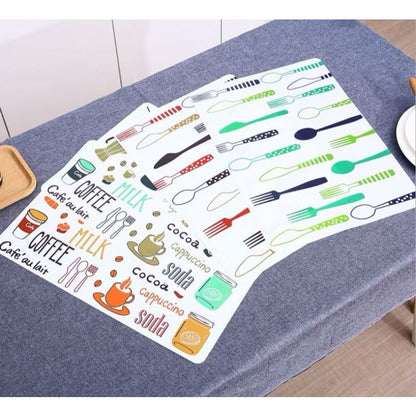 Alas Piring Gelas Meja Makan Pvc Anti Panas Placemats /Tatakan Piring Gelas Anti Air Motif Kopi Sendok Garpu