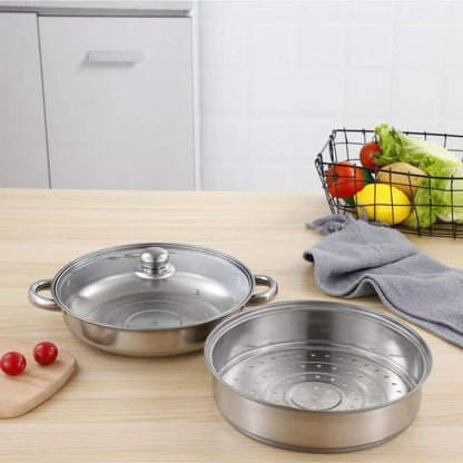 Panci Kukus 2 Susun Tutup Kaca - Double Stainless Steel Steaming Pan 2 Layers / Wajan Dandang Kukus Rebus Merebus Mengukus Ayam Daging Siomay Dimsum Bakpao Bolu / Wadah Kukusan 2 Tingkat Praktis Anti Lengket Tahan Lama Multifungsi