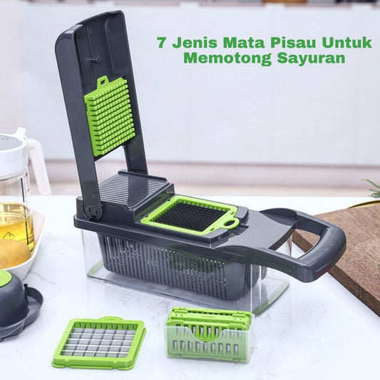 Parutan Serbaguna 14 In 1 / Vegetable Fruit Slicer Alat Pengiris Potong Buah Sayur Garnish Wortel Kentang Timun Bawang Bumbu Rempah / Pisau Parut Iris Bentuk Persegi Panjang Dadu Bunga Gelombang Wadah Keranjang + Saringan Telur Praktis Multifungsi all in