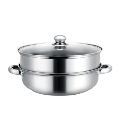 Panci Kukus 2 Susun Tutup Kaca - Double Stainless Steel Steaming Pan 2 Layers / Wajan Dandang Kukus Rebus Merebus Mengukus Ayam Daging Siomay Dimsum Bakpao Bolu / Wadah Kukusan 2 Tingkat Praktis Anti Lengket Tahan Lama Multifungsi