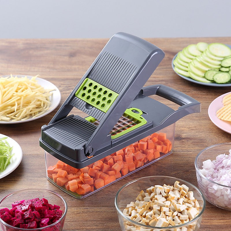 Parutan Serbaguna 14 In 1 / Vegetable Fruit Slicer Alat Pengiris Potong Buah Sayur Garnish Wortel Kentang Timun Bawang Bumbu Rempah / Pisau Parut Iris Bentuk Persegi Panjang Dadu Bunga Gelombang Wadah Keranjang + Saringan Telur Praktis Multifungsi all in