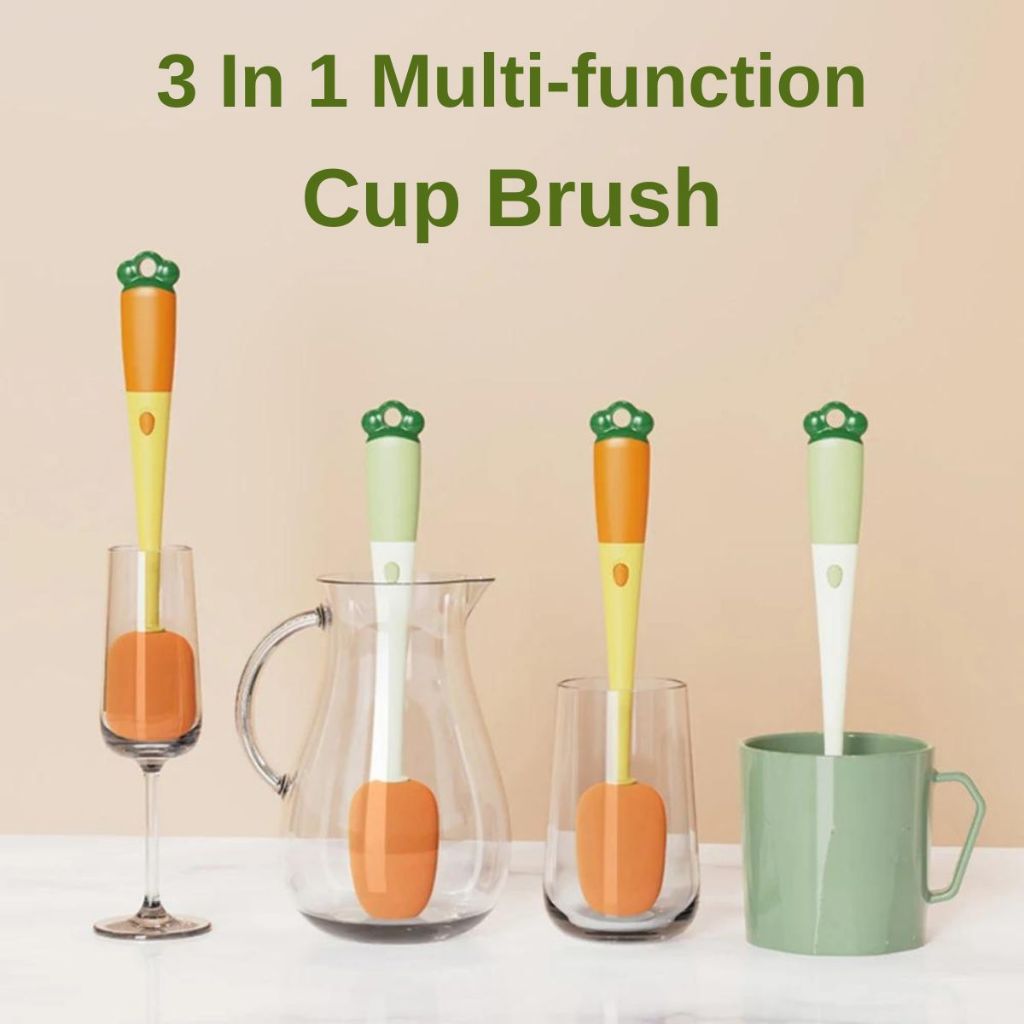 Sikat Pembersih Botol 3in1 Bentuk Wortel Gagang Panjang / Bottle Cleaning Brush Alat Pengangkat Kotoran Gelas Cangkir Tumblr Mug Thermos Penyikat Sela Tutup Minum Dot Susu Bayi Sedotan Anti Bakteri Spons Super Lembut Karet Multifungsi