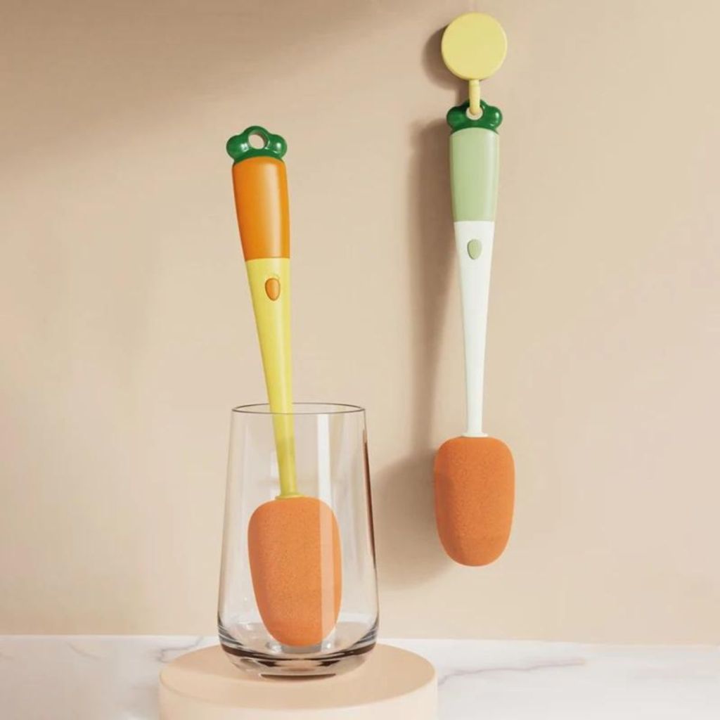 Sikat Pembersih Botol 3in1 Bentuk Wortel Gagang Panjang / Bottle Cleaning Brush Alat Pengangkat Kotoran Gelas Cangkir Tumblr Mug Thermos Penyikat Sela Tutup Minum Dot Susu Bayi Sedotan Anti Bakteri Spons Super Lembut Karet Multifungsi