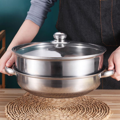 Panci Kukus 2 Susun Tutup Kaca - Double Stainless Steel Steaming Pan 2 Layers / Wajan Dandang Kukus Rebus Merebus Mengukus Ayam Daging Siomay Dimsum Bakpao Bolu / Wadah Kukusan 2 Tingkat Praktis Anti Lengket Tahan Lama Multifungsi