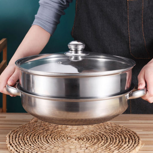Panci Kukus 2 Susun Tutup Kaca - Double Stainless Steel Steaming Pan 2 Layers / Wajan Dandang Kukus Rebus Merebus Mengukus Ayam Daging Siomay Dimsum Bakpao Bolu / Wadah Kukusan 2 Tingkat Praktis Anti Lengket Tahan Lama Multifungsi