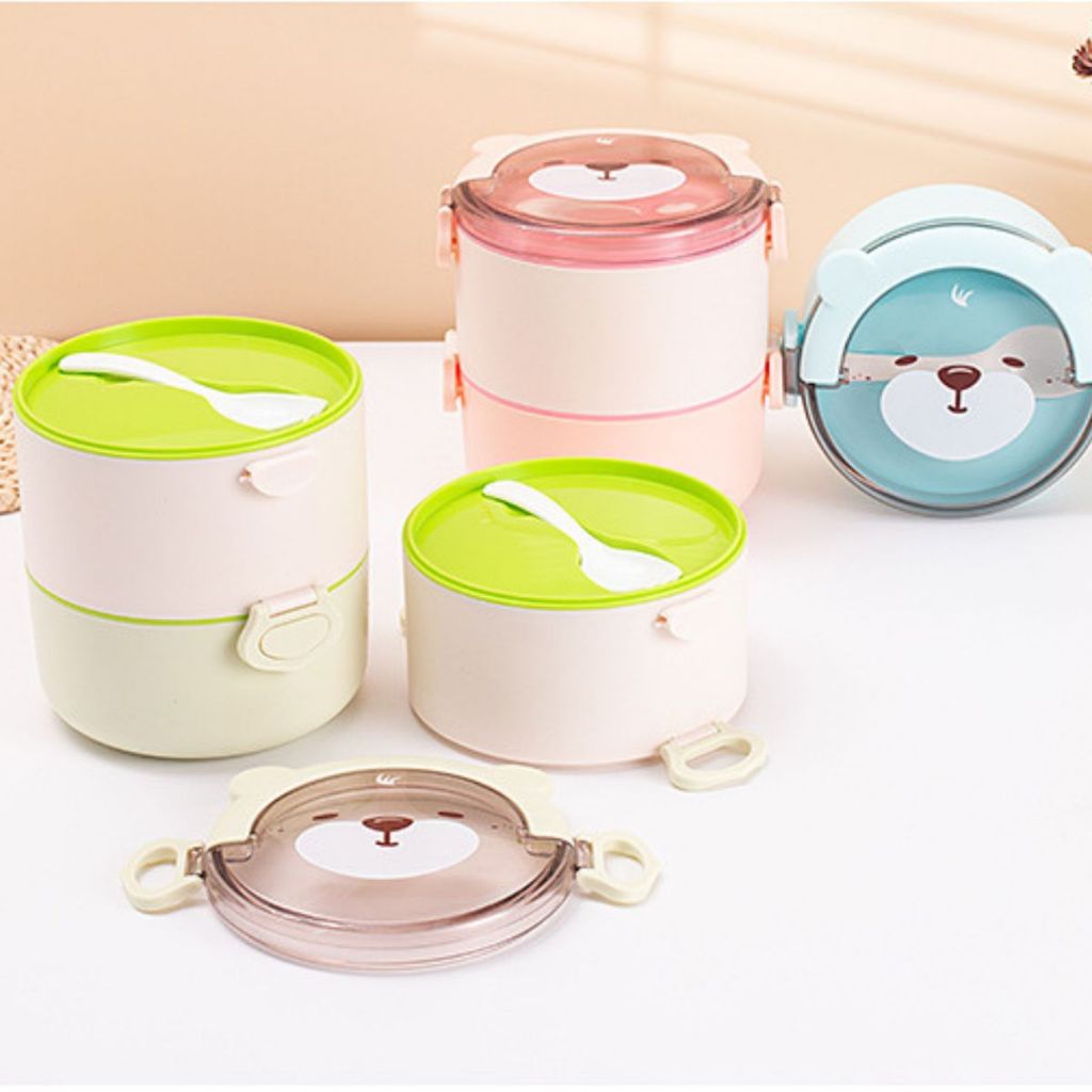 Tempat Makan Anak 2 Tingkat Rantang Susun Karakter Anak Motif Lucu Lunch Box Set BPA FREE