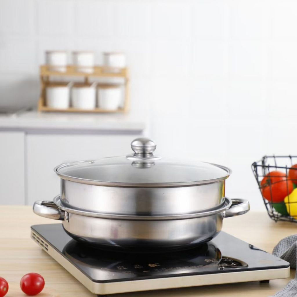 Panci Kukus 2 Susun Tutup Kaca - Double Stainless Steel Steaming Pan 2 Layers / Wajan Dandang Kukus Rebus Merebus Mengukus Ayam Daging Siomay Dimsum Bakpao Bolu / Wadah Kukusan 2 Tingkat Praktis Anti Lengket Tahan Lama Multifungsi