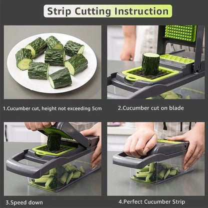 Parutan Serbaguna 14 In 1 / Vegetable Fruit Slicer Alat Pengiris Potong Buah Sayur Garnish Wortel Kentang Timun Bawang Bumbu Rempah / Pisau Parut Iris Bentuk Persegi Panjang Dadu Bunga Gelombang Wadah Keranjang + Saringan Telur Praktis Multifungsi all in