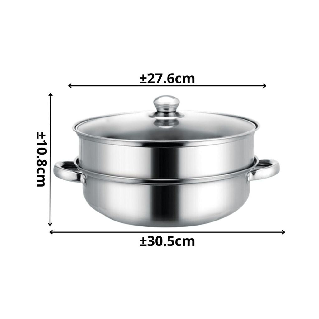 Panci Kukus 2 Susun Tutup Kaca - Double Stainless Steel Steaming Pan 2 Layers / Wajan Dandang Kukus Rebus Merebus Mengukus Ayam Daging Siomay Dimsum Bakpao Bolu / Wadah Kukusan 2 Tingkat Praktis Anti Lengket Tahan Lama Multifungsi