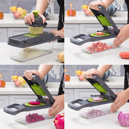 Parutan Serbaguna 14 In 1 / Vegetable Fruit Slicer Alat Pengiris Potong Buah Sayur Garnish Wortel Kentang Timun Bawang Bumbu Rempah / Pisau Parut Iris Bentuk Persegi Panjang Dadu Bunga Gelombang Wadah Keranjang + Saringan Telur Praktis Multifungsi all in