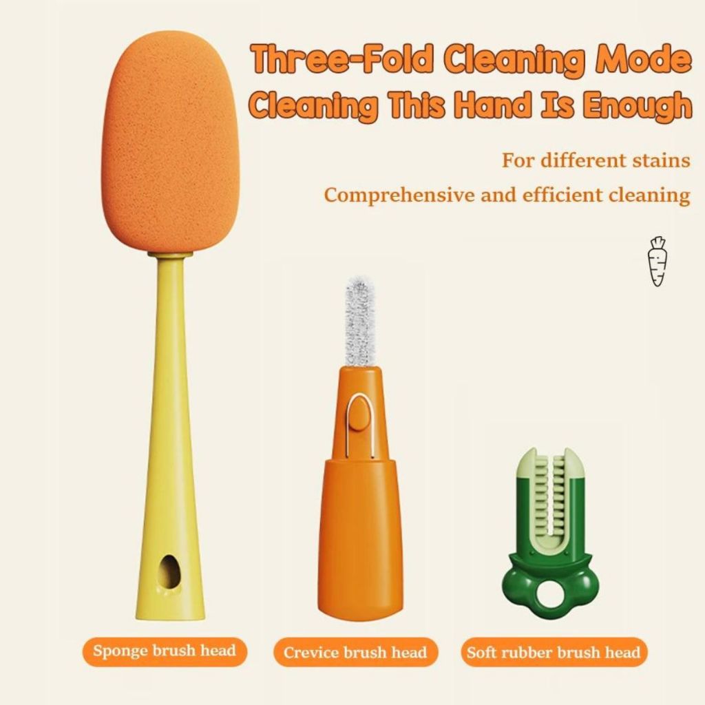 Sikat Pembersih Botol 3in1 Bentuk Wortel Gagang Panjang / Bottle Cleaning Brush Alat Pengangkat Kotoran Gelas Cangkir Tumblr Mug Thermos Penyikat Sela Tutup Minum Dot Susu Bayi Sedotan Anti Bakteri Spons Super Lembut Karet Multifungsi