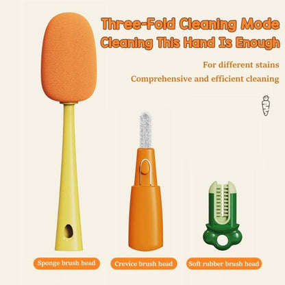 Sikat Pembersih Botol 3in1 Bentuk Wortel Gagang Panjang / Bottle Cleaning Brush Alat Pengangkat Kotoran Gelas Cangkir Tumblr Mug Thermos Penyikat Sela Tutup Minum Dot Susu Bayi Sedotan Anti Bakteri Spons Super Lembut Karet Multifungsi