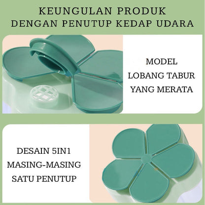 Tempat Bumbu Dapur 5in1 Bentuk Bunga / Seasoning Storage Box Wadah Penyimpanan Gula Garam Micin Lada Merica 5 Sekat Serbaguna / Toples Rempah Tabur Kedap Udara Anti Tumpah Perlengkapan Rumah Tangga Milenial Modern Minimalis
