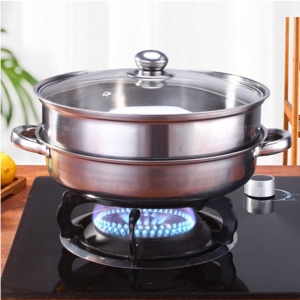 Panci Kukus 2 Susun Tutup Kaca - Double Stainless Steel Steaming Pan 2 Layers / Wajan Dandang Kukus Rebus Merebus Mengukus Ayam Daging Siomay Dimsum Bakpao Bolu / Wadah Kukusan 2 Tingkat Praktis Anti Lengket Tahan Lama Multifungsi