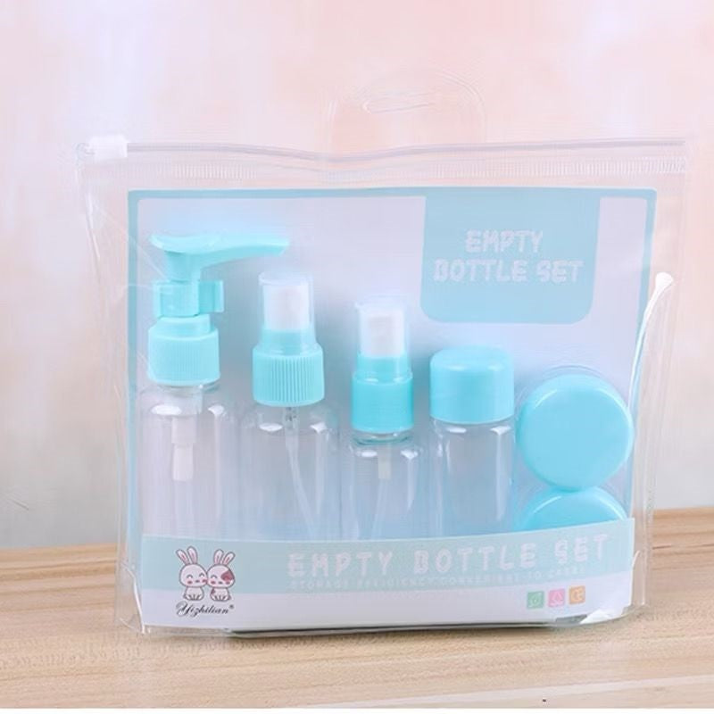 Botol Travel Kit 7 in 1 Mini Refill Bottle Spray Pump Jar Pouch Organizer Wadah Isi Ulang Kosmetik Sabun Shampoo Cair Parfum Lotion Paket Lengkap