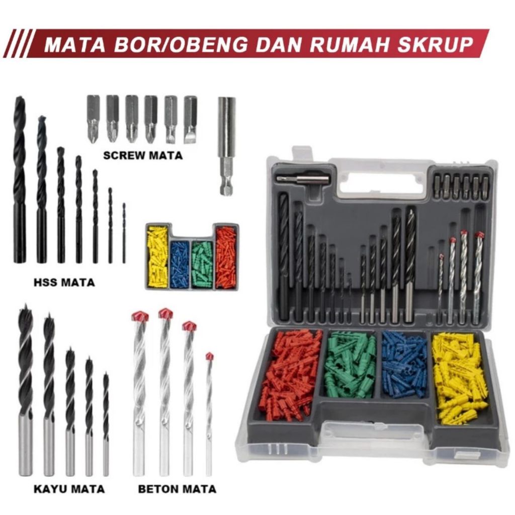Mata Bor Set 300pcs / Drill Bit Set Combination / Alat Pengeboran Besi Kayu Baja Beton High Quality