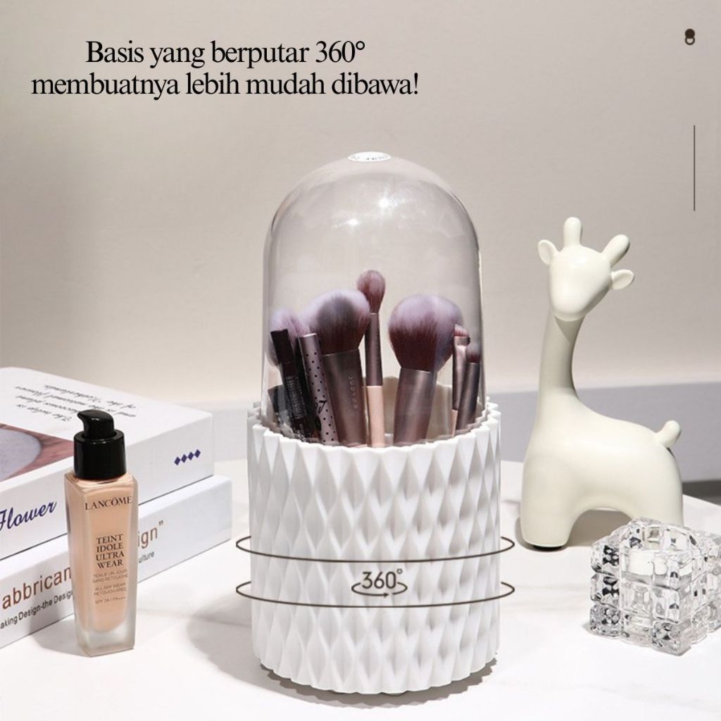 Rak Kosmetik Putar 360° + Tutup Transparan | Storage Box Estetik | Tempat Alat Makeup Alat Tulis Sendok Garpu Praktis Elegan Serbaguna
