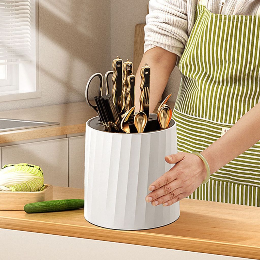 Tempat Pisau dan Sendok Putar 360° | Organizer Dapur Estetik | Rak Simpan Garpu Gunting Minimalis Elegan Multifungsi