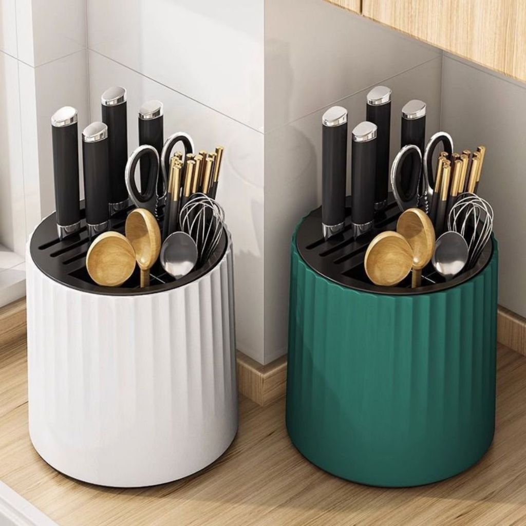 Tempat Pisau dan Sendok Putar 360° | Organizer Dapur Estetik | Rak Simpan Garpu Gunting Minimalis Elegan Multifungsi
