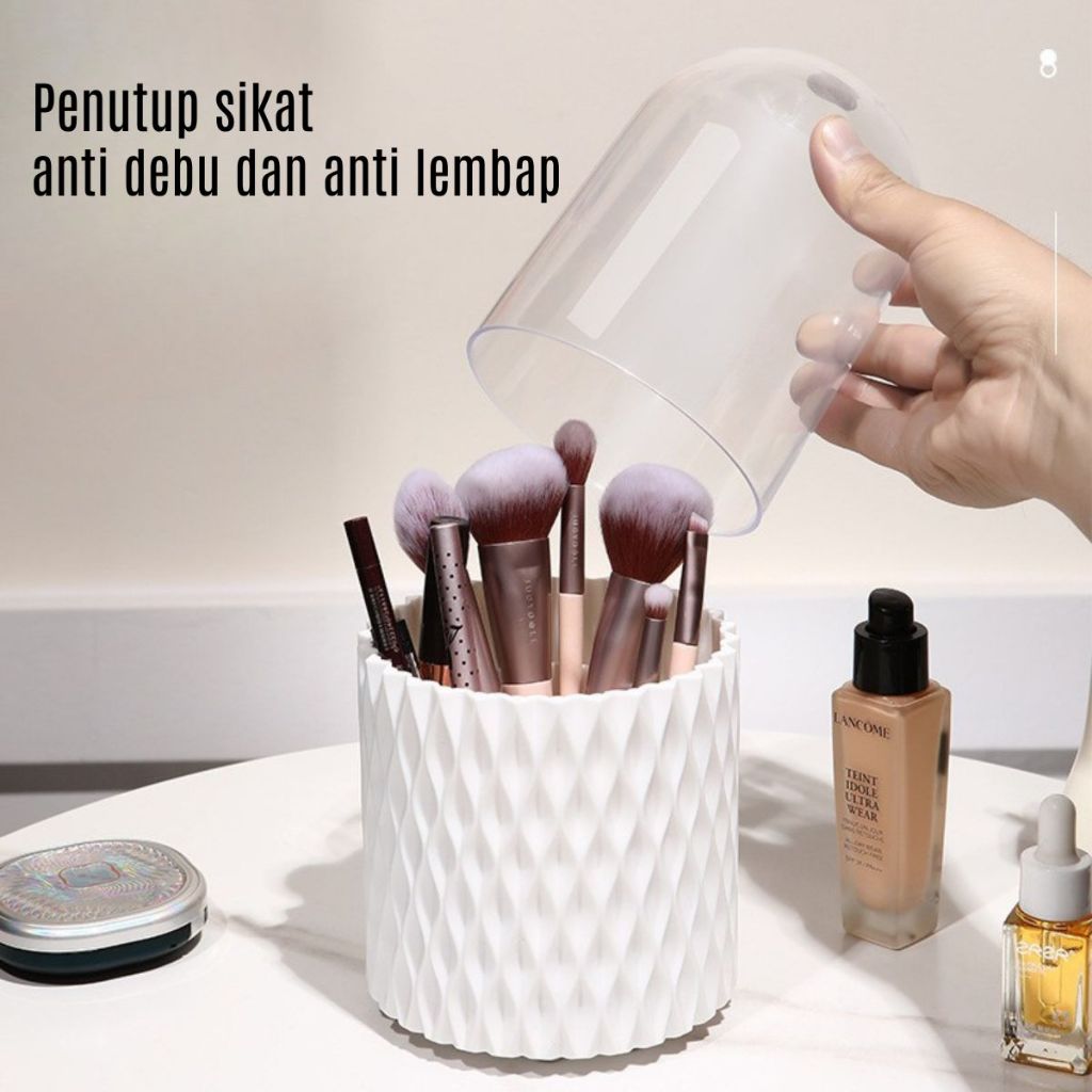 Rak Kosmetik Putar 360° + Tutup Transparan | Storage Box Estetik | Tempat Alat Makeup Alat Tulis Sendok Garpu Praktis Elegan Serbaguna