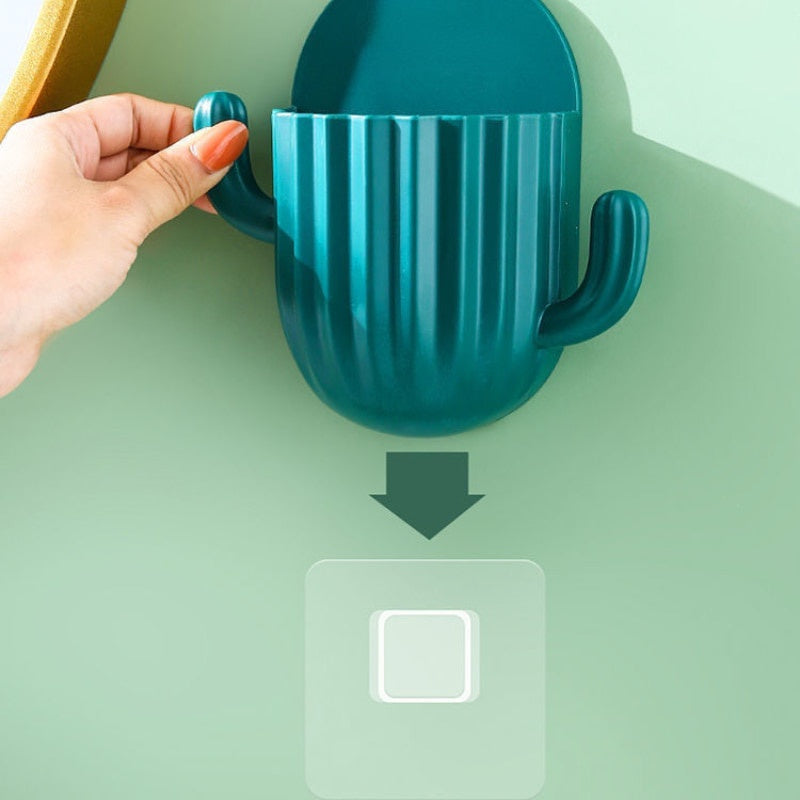 Rak Tempel Dinding Bentuk Kaktus 2In1 / Hook Tempat Penyimpanan Gantung Alat Cukur Karet Kuncir Kain Lap Kunci / Wall Mounted Storage Rack Cactus / Holder Tempat Sikat Gigi Remote AC TV Pasang Tembok Serbaguna
