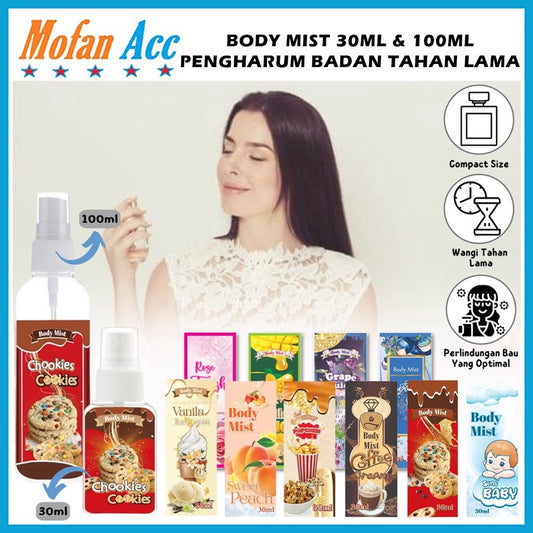 Body Mist Parfum 30ml Dan 100ml / Parfum Pengharum Badan Pria dan Wanita Wangi Tahan Lama / Body Spray Parfume Pewangi Baju Semprot Size 30ML 100ML Eau de Parfume Tahan Lama Wangi Sweet Fresh Soft