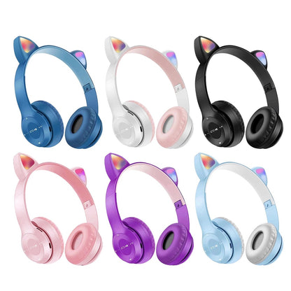 Headphone Bluetooth P47M RGB LED / Cute Cat Ear Wireless Audio Stereo Super Bass Headset Bando Gaming Lipat Bentuk Kuping Kucing Lucu Bombastis Tanpa Kabel Memory Card Micro USB Charger Earphone Headset Hadiah Kado Teman Sekolah
