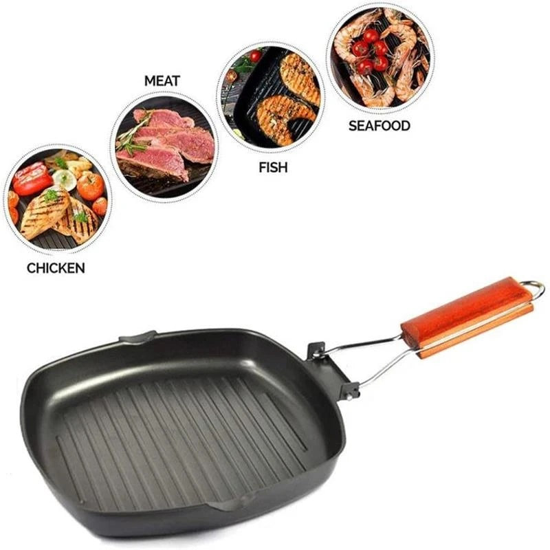 Panci Panggang Square Grill Pan Foldable 20Cm Wajan BBQ Anti Lengket Bentuk Kotak Panci Pemanggang Bakaran Sate Serbaguna