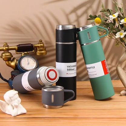 (1Set) Termos Vacuum Flask 500ml FREE Cangkir 2pcs / Thermos Vacum Eksklusif Stainless Steel 3in1 Tumbler Anti Korosi