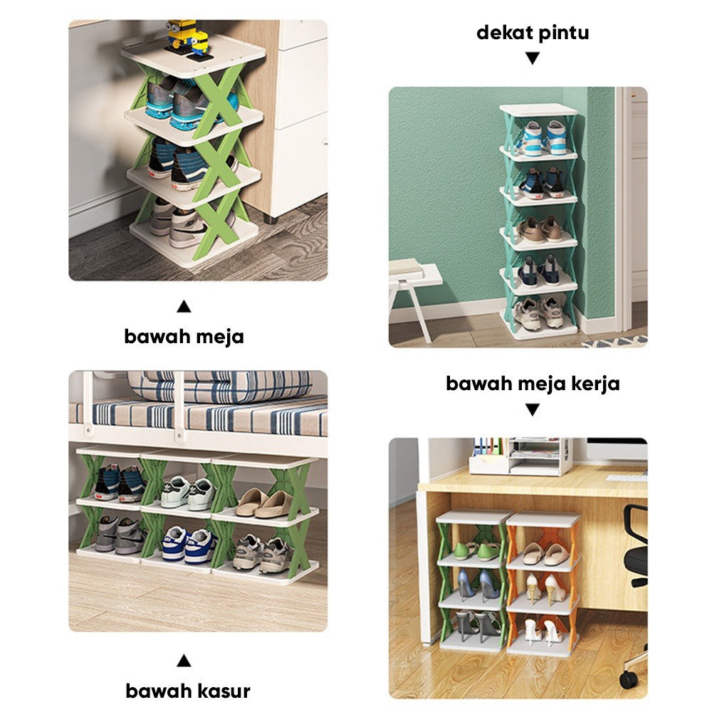 Rak Sepatu Sandal Buku Pajangan 5 Tingkat Model X Minimalis / Rak 5 Susun Plastik Tempat Penyimpanan Sendal Aesthetic Assembled Shoe Rack 5 Levels Serbaguna Multifungsi