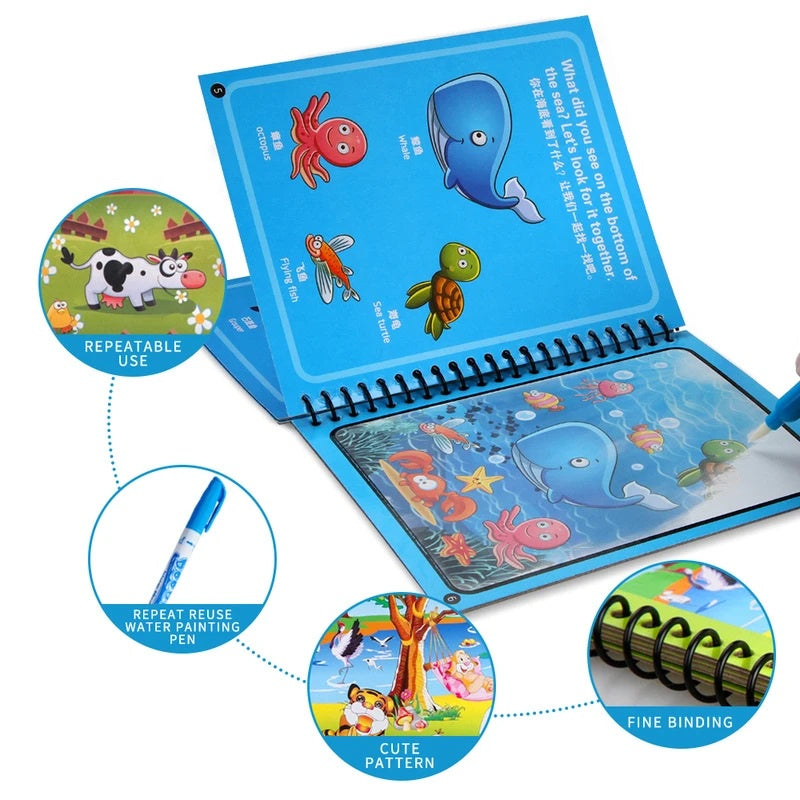 Magic Water Book FREE Spidol Air - Buku Ajaib Belajar Mewarnai Edukasi Anak / Practice Drawing Repeated Use Latihan Motorik Menggambar Kreativitas Hadiah Kado Ulang Tahun Prasekolah Paud TK SD Bisa Dipakai Berkali-kali